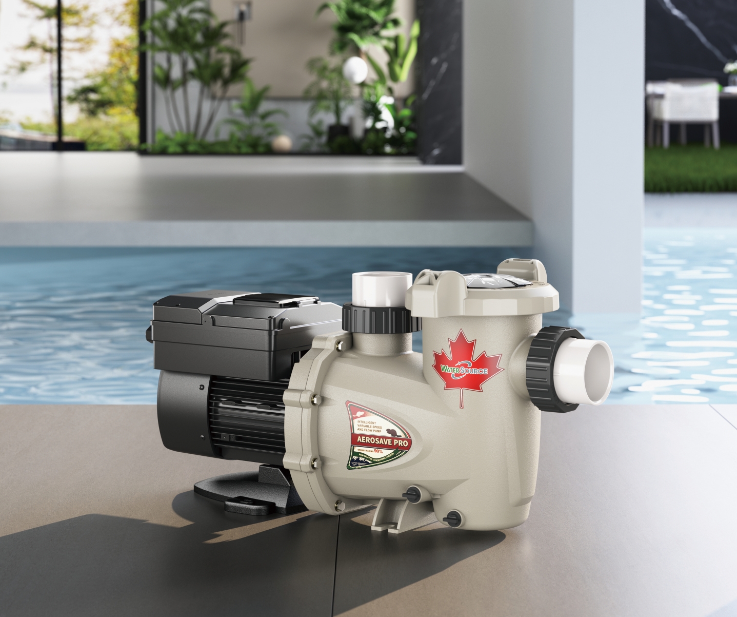 WaterSource pool pump beside a swimming pool